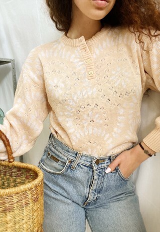 VINTAGE 80S MILKMAID PEACHY DAISY KNITTED JUMPER SWEATER