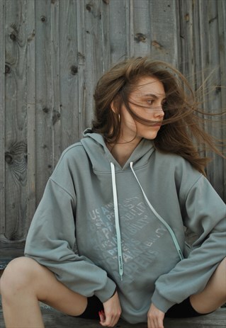 PRINTED OVERSIZED HOODY WITH SUSTAINABILITY SLOGAN IN GREY