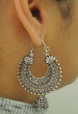 SILVER ANTIQUE LOOK SMALL INDIAN HOOP EARRINGS