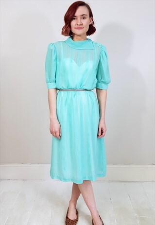VINTAGE 80'S PASTEL MINT GREEN SHEER BUTTON NECK DRESS