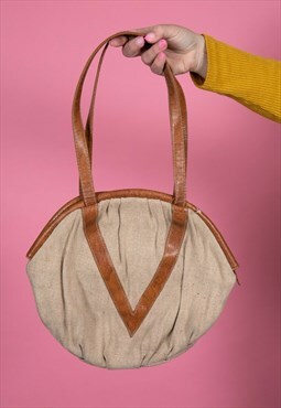 80s 90s Vintage Cream & Tan Leather V Detail Shoulder Bag