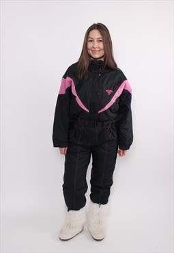 90s one piece ski suit, vintage black snowsuit, retro women 