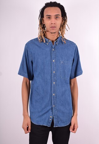WRANGLER MENS VINTAGE DENIM SHIRT LARGE NAVY BLUE 90'S