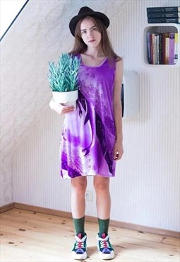 Purple sleeveless tropical dolphin motives dress