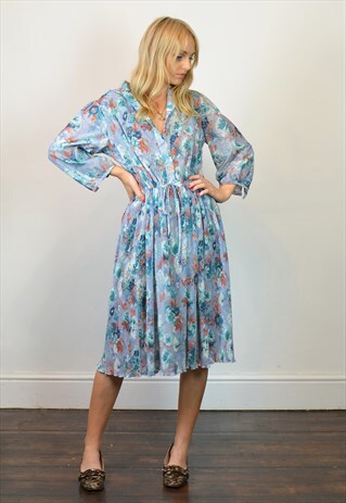 VINTAGE 90S PASTEL BLUE FLORAL SUMMER MIDI DRESS