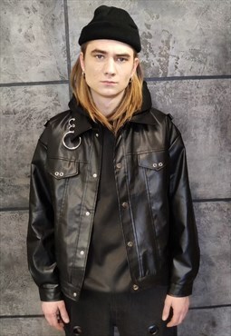 Faux leather biker jacket metal hoops reworked coat black