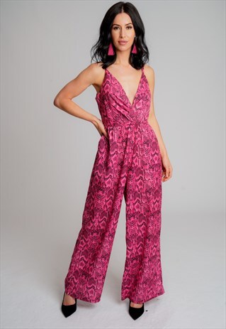 STRAPPY WIDE LEG JUMPSUIT IN PINK SNAKE PRINT