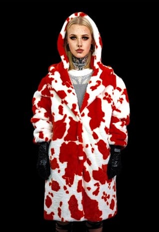 COW PRINT FAUX FUR LONG COAT HOODED SPOT PRINT TRENCH JACKET