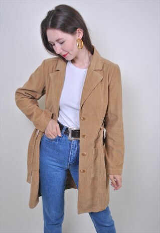 80S BELT CORDUROY TRENCH JACKET, VINTAGE BOHO BEIGE COAT