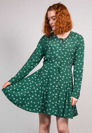 90'S VINTAGE GREEN POLKA DOT FLORAL PATTERN MINI DRESS
