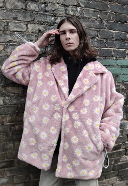 Floral fleece jacket handmade fauxfur daisy trench coat pink