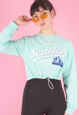 VINTAGE REWORKED CROP TOP IN BABY BLUE WITH SEATTLE PRINT