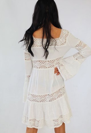 CREAM CROCHET PANEL SWING SUMMER DRESS