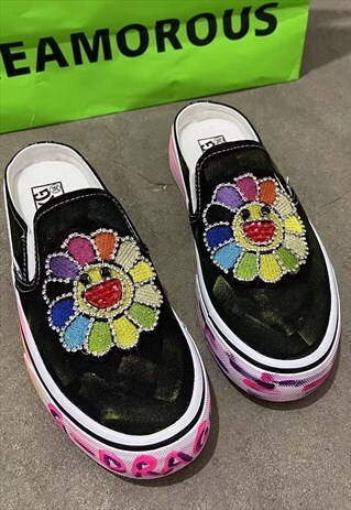 CUSTOMIZED DIAMONDS TRAINERS FLOWER PATCH SLIPPERS IN BLACK