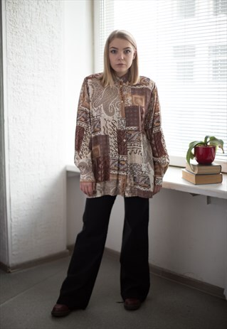 VINTAGE 80'S BROWN PATTERNED BLOUSE