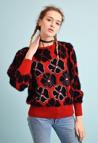 80'S RETRO FLORAL PATTERN MOMS KNIT JUMPER