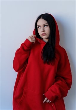 Oversized pierced custom red cotton hoodie front pocket