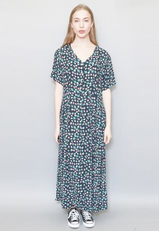 VINTAGE 1990'S NAVY FLORAL SPLIT SIDES MAXI DRESS