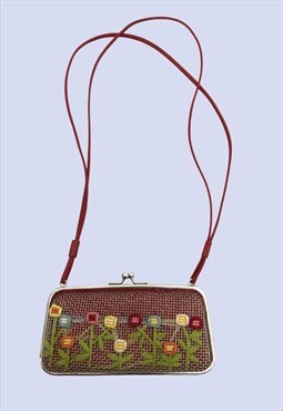 Moschino Red Cross Stitch Floral Grid Mini Shoulder Bag