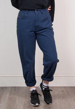 VINTAGE 90'S DARK BLUE CHECKED HIGH WAIST MOM STYLE TROUSERS