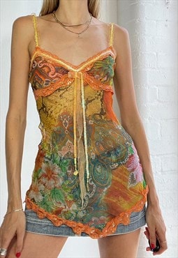 Vintage Y2k Silk Graphic Print Print Cami Top Lace Sequin