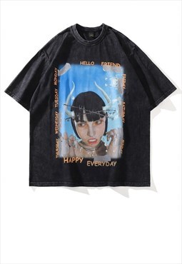 E-girl t-shirt cyber punk print tee Anime raver top in grey