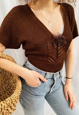 VINTAGE 90S CROCHET SHEER HAUTE BOHEME KNIT BLOUSE TOP
