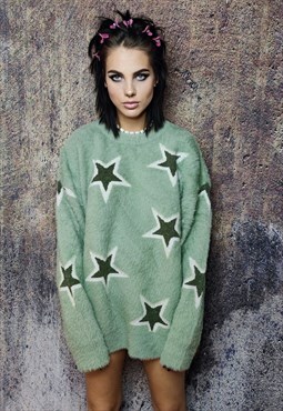 Fluffy sweater premium jacquard retro star jumper in green