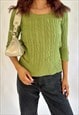 00S LOFT GREEN CABLE KNIT SCOOP NECK 3/4 SLEEVES JUMPER