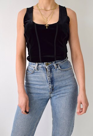 VINTAGE 90S BODICE-EFFECT VELVET SQUARE NECK TANK VEST TOP