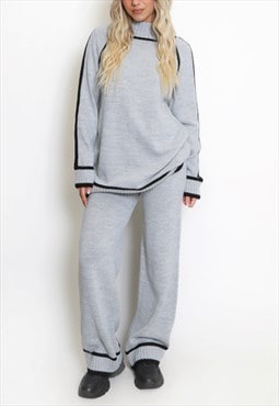 High Neck Knitted Jumper And Wide Leg Trouser Set In Grey