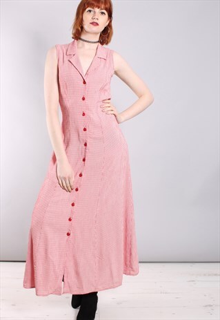 VINTAGE 80S RED GINGHAM BUTTON MIDI DRESS