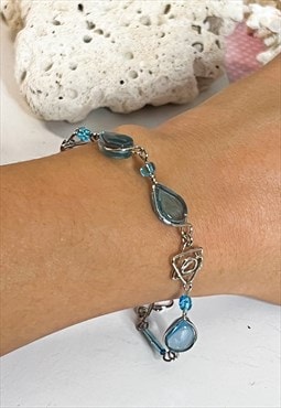 Y2K Silver and Sky Blue Glass Bracelet