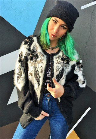 VINTAGE BLACK AND WHITE EMBELLISHED CARDIGAN