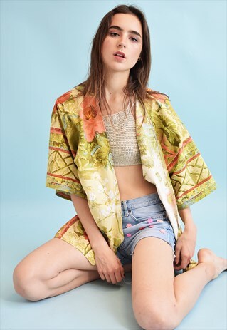 70'S RETRO BOHO ABSTRACT FLORAL PATTERN KIMONO JACKET