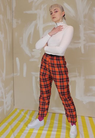 HIGH WAIST TARTAN CHECK TROUSERS IN ORANGE