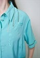 RETRO GREEN EMBROIDERY BLOUSE, VINTAGE SECRETARY BLOUSE