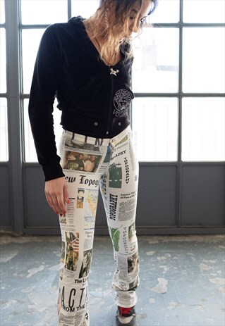 VINTAGE NEWSPAPER PRINT Y2K FLARED TROUSERS WHITE