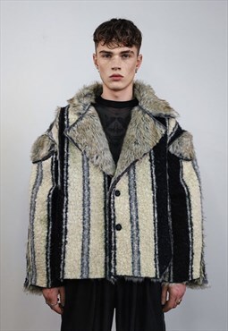 Nordic style faux fur jacket Viking coat Nomad stripe bomber