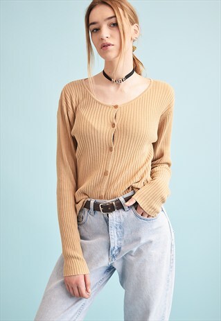 90'S RETRO NEUTRAL OVERSIZED KNIT RIBBED MOMS CARDIGAN TOP