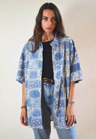 80S VINTAGE BLUE & GREEN ABSTRACT PRINT SHORT SLEEVE SHIRT