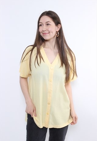 90S MINIMALIST YELLOW BLOUSE VINTAGE V-NECK SHORT SLEEVE TOP