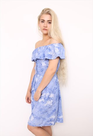 VINTAGE REWORKED BLUE BUTTERFLY OFF SHOULDER DRESS