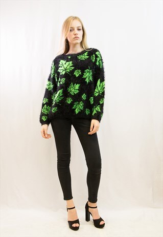 LEAVES PRINT NEON COLOUR FLUFFY JUMPER (GREEN)