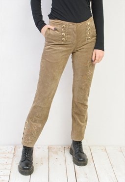 Vintage Women's M W30 Beige Suede Leather Trousers Pants