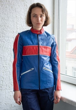 Vintage 70's Blue/Red Leather Motorbike Jacket