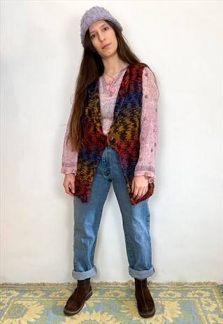 VINTAGE CHUNKY RAINBOW KNIT SLEEVELESS CARDIGAN