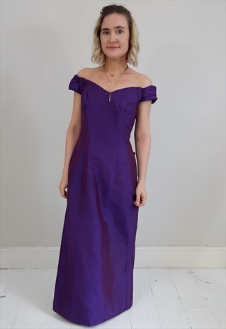 VINTAGE 90'S PURPLE BUTTON BACK BOW OFF SHOULDER DRESS