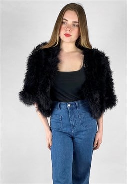 70's Tina C Vintage Crop Black Feather Short Sleeve Jacket