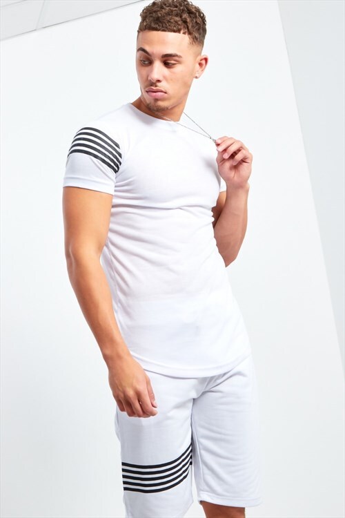 mens white crew neck shorts set with contrast stripe